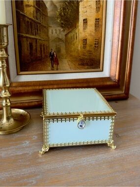 Glass Jewelry Box with Gold Trim and Crystal Accent